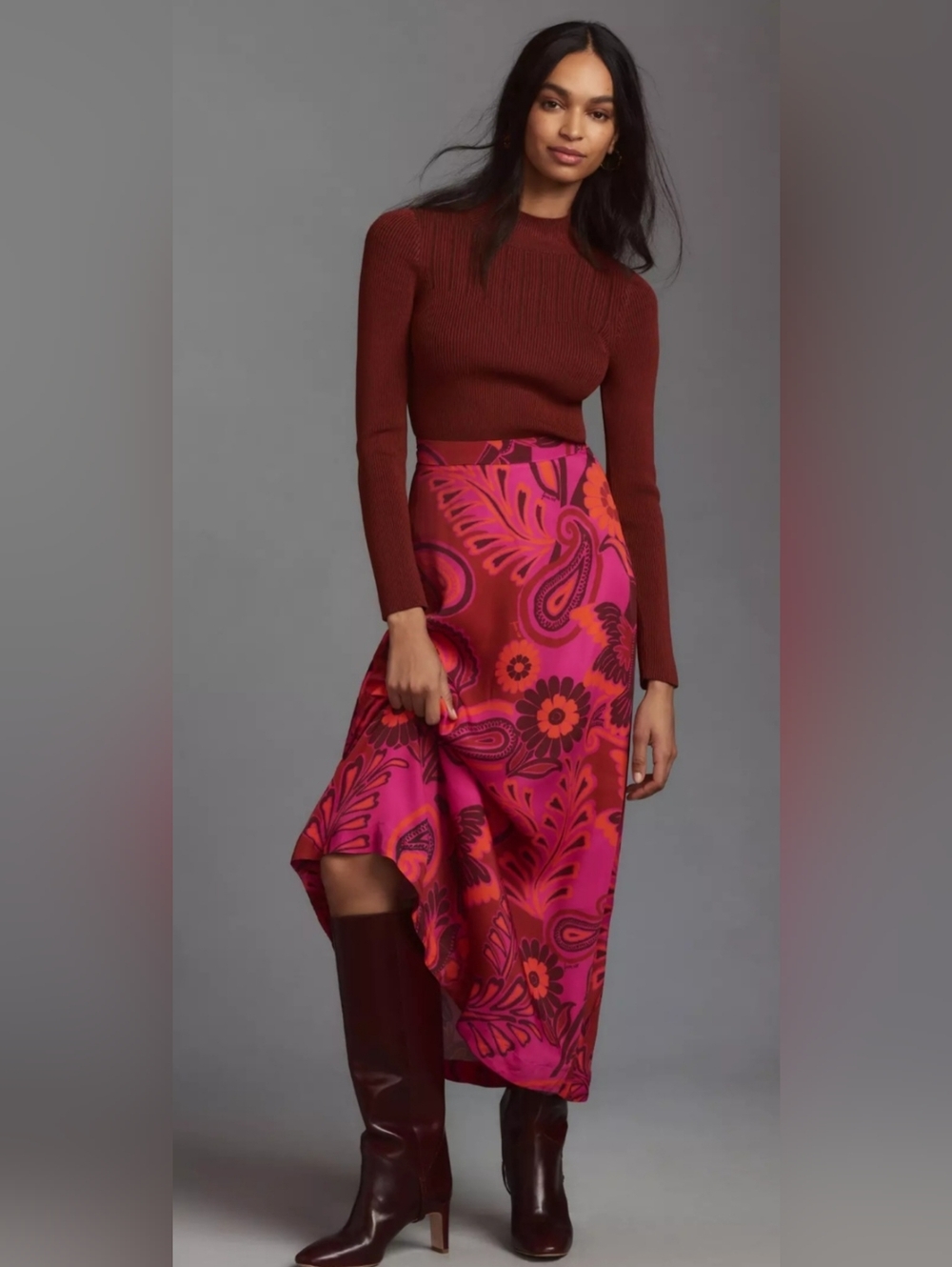 Anthro, Farm Rio Bold Floral Satin Maxi Skirt